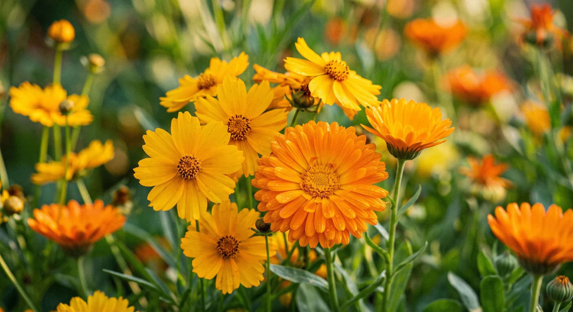 A field of orange and yellow marigolds