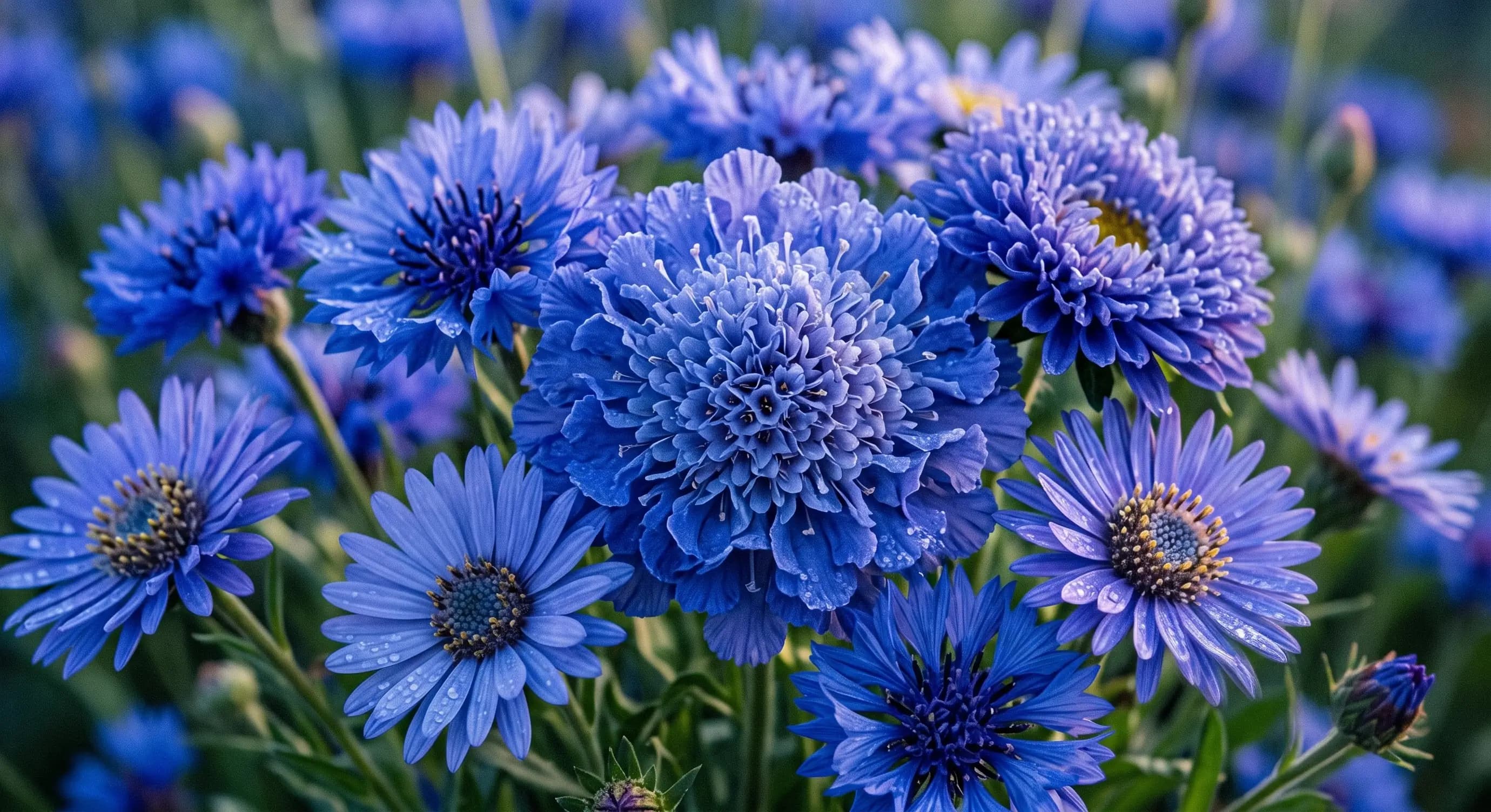 A dusk-lit field of flowers in bloom