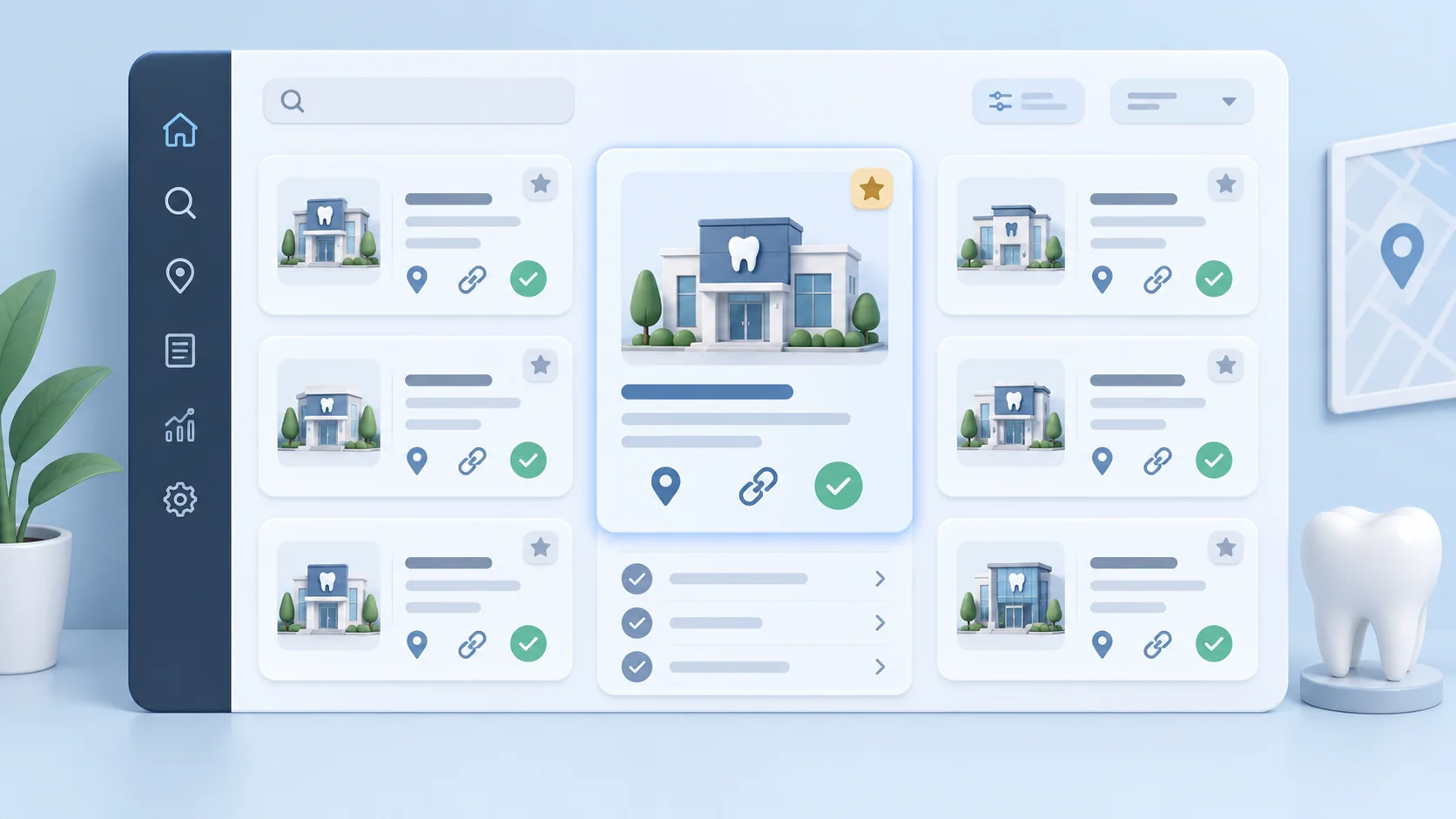 Illustrated dental directory dashboard with a prioritized set of practice listing cards