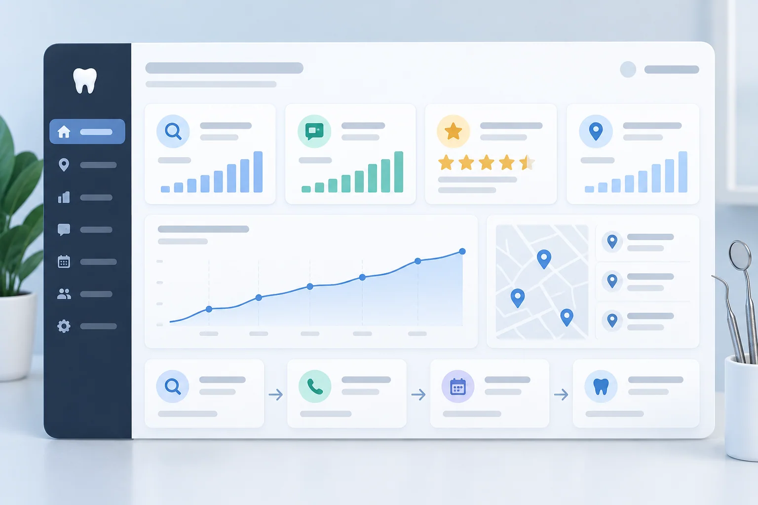 Illustrated dashboard connecting search visibility, calls, reviews, and appointments